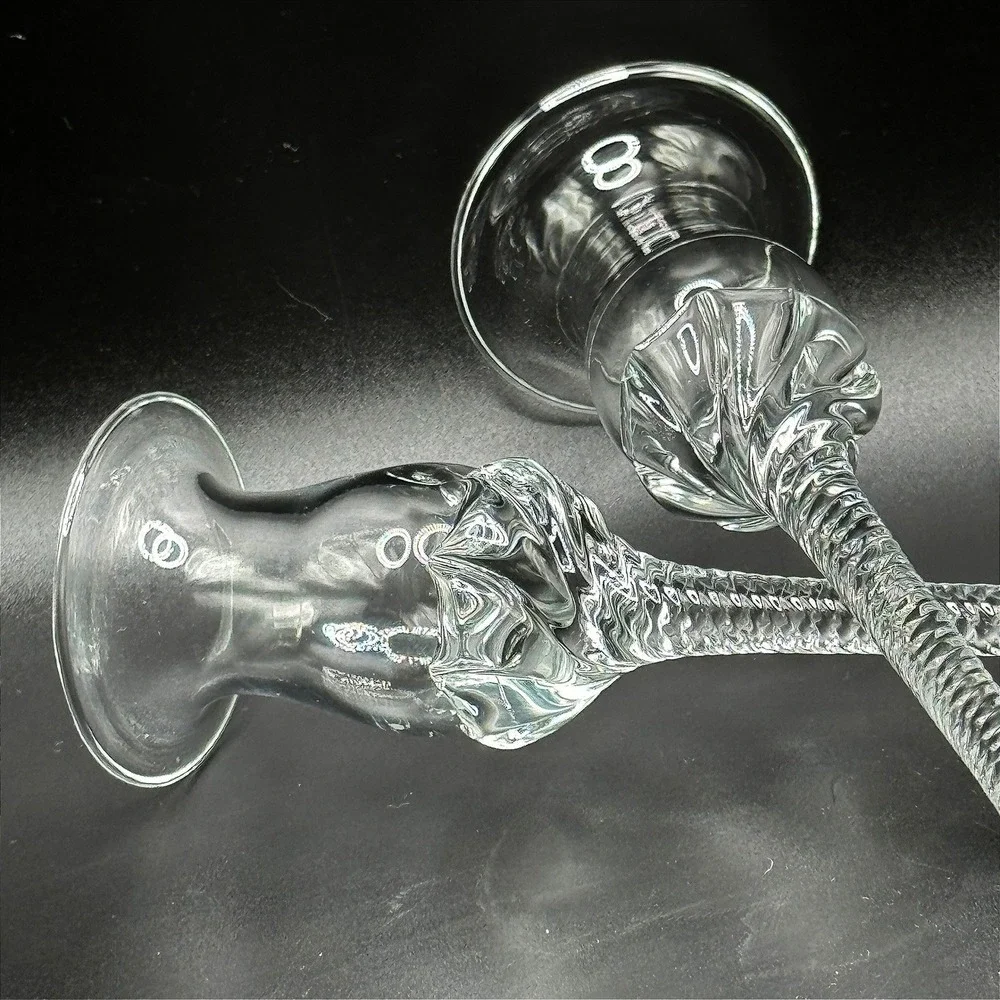 Art Glass Pair Candlesticks Vtg. Optic Twist Stem Floral Tulip Cottage Regency‎